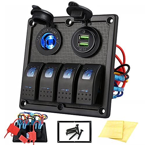 Kohree 4 Gang Marine Boat Rocker Switch Panel, 12V Waterproof LED Lighted Toggle Switches Fuse Breaker Protected Control with QC3.0 USB Power Outlet for Car Boat RV Scooter Truck Vehicles