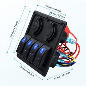 Kohree 4 Gang Marine Boat Rocker Switch Panel, 12V Waterproof LED Lighted Toggle Switches Fuse Breaker Protected Control with QC3.0 USB Power Outlet for Car Boat RV Scooter Truck Vehicles