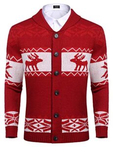 coofandy mens ugly christmas xmas reindeer snowflake button front long sleeve shawl collar cardigan (red m)