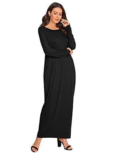 Verdusa Women's Long Sleeve Pocketed Loose Long Maxi Dress Black XL