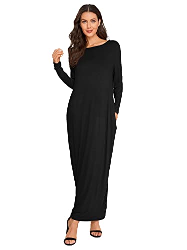 Verdusa Women's Long Sleeve Pocketed Loose Long Maxi Dress Black XL