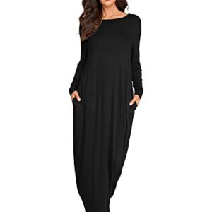 Verdusa Women's Long Sleeve Pocketed Loose Long Maxi Dress Black XL