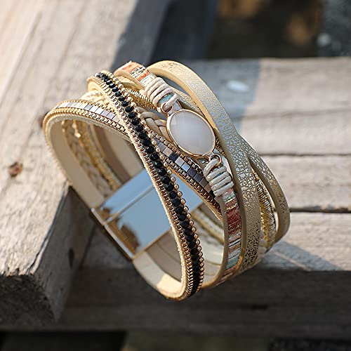 Vercret Leather Wrap Bracelet for Women - Multi-Layer Bracelets for lady, Ideal Gift Bracelet for Women, lover, Mom…… (A White Beads)