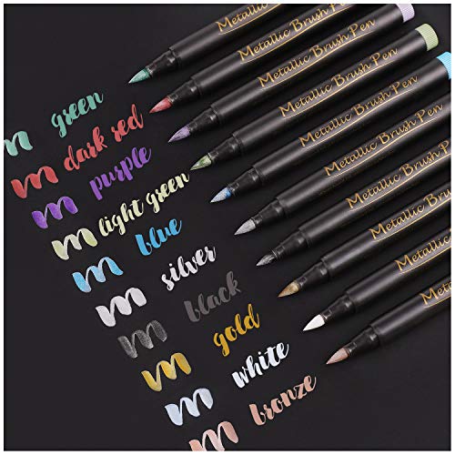 Dyvicl Metallic Brush Marker Pens - Metallic Pens Art Markers for Calligraphy, Brush Lettering, Black Paper, Rock Painting, Card Making, Scrapbooking, Fabric, Metal, Ceramics, Wine Glass, Set of 10