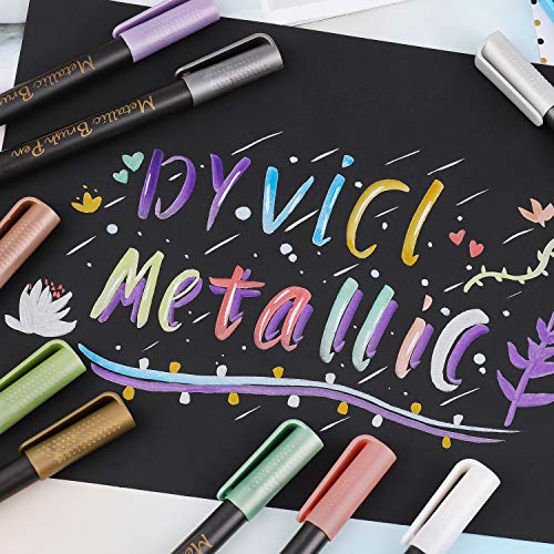 Dyvicl Metallic Brush Marker Pens - Metallic Pens Art Markers for Calligraphy, Brush Lettering, Black Paper, Rock Painting, Card Making, Scrapbooking, Fabric, Metal, Ceramics, Wine Glass, Set of 10