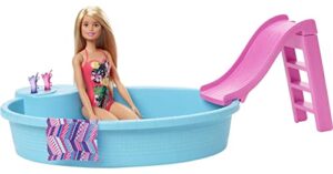 barbie doll and pool playset with pink slide, beverage accessories and towel, blonde doll in tropical swimsuit