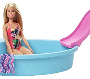 Barbie Doll and Pool Playset with Pink Slide, Beverage Accessories and Towel, Blonde Doll in Tropical Swimsuit