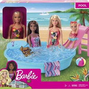 Barbie Doll and Pool Playset with Pink Slide, Beverage Accessories and Towel, Blonde Doll in Tropical Swimsuit