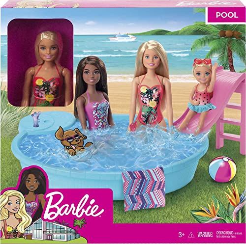 Barbie Doll and Pool Playset with Pink Slide, Beverage Accessories and Towel, Blonde Doll in Tropical Swimsuit