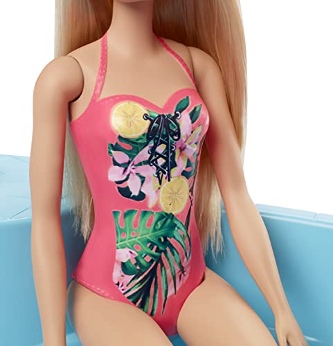 Barbie Doll and Pool Playset with Pink Slide, Beverage Accessories and Towel, Blonde Doll in Tropical Swimsuit