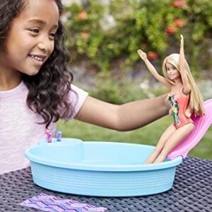 Barbie Doll and Pool Playset with Pink Slide, Beverage Accessories and Towel, Blonde Doll in Tropical Swimsuit