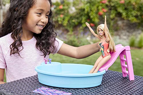 Barbie Doll and Pool Playset with Pink Slide, Beverage Accessories and Towel, Blonde Doll in Tropical Swimsuit