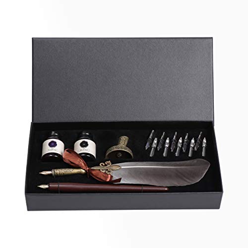 UBEART Calligraphy Set, Calligraphy Kits Include Antique Quill Feather Pen,Handcraft Wooden Pen,12 Nibs,2 Bottles Inks,Pen Holder and Calligraphy Instruction for Beginners Birthday Gift