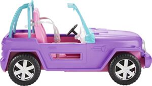 barbie toy car, purple off-road vehicle with 2 pink seats and treaded, rolling wheels