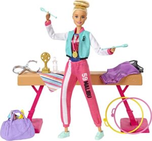 barbie gymnastics playset with doll and 15+ accessories, twirling gymnast toy with balance beam, blonde doll