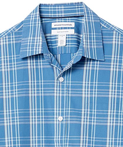 Amazon Essentials Men's Regular-Fit Short-Sleeve Poplin Shirt, Aqua Blue Checked, Large