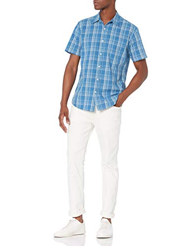 Amazon Essentials Men's Regular-Fit Short-Sleeve Poplin Shirt, Aqua Blue Checked, Large