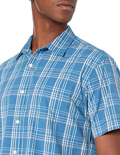 Amazon Essentials Men's Regular-Fit Short-Sleeve Poplin Shirt, Aqua Blue Checked, Large