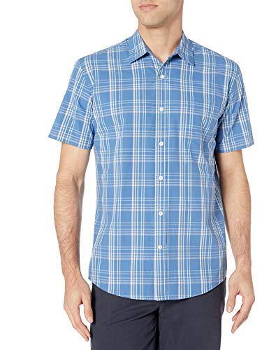 Amazon Essentials Men's Regular-Fit Short-Sleeve Poplin Shirt, Aqua Blue Checked, Large