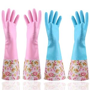 kingfinger rubber latex waterproof dishwashing gloves,2 pair medium long cuff flock lining household cleaning gloves