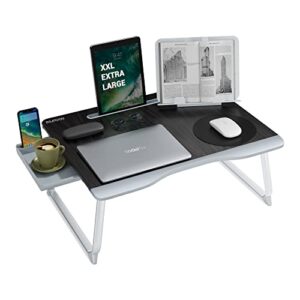 laptop bed table, xxl bed trays for eating, laptops, writing, study and drawing- laptop desk for bed, sofa and couch- folding laptop standwith portable book stand and drawer storage, by nearpow