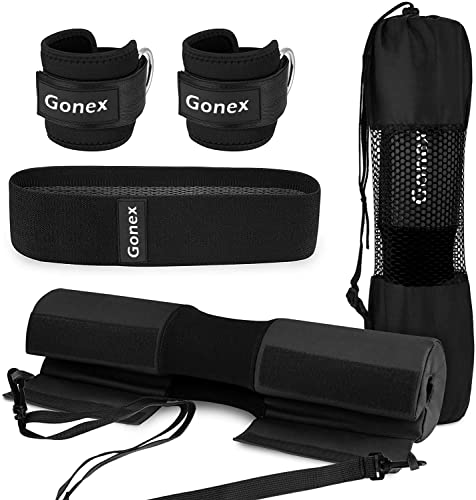 Gonex Barbell Pad Set for Squats Hip Thrusts Upgraded Bar Neck Pads Workout Foam Weightlifting Cushion with 2 Gym Ankle Straps Hip Resistance Band Fits Standard Olympic Bars with a Carry Bag, Pink/Black