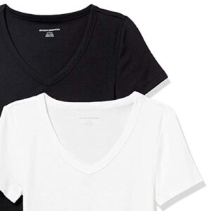 Amazon Essentials Women's Slim-Fit Short-Sleeve V-Neck T-Shirt, Pack of 2, Black/White, Large