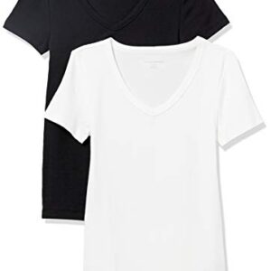 Amazon Essentials Women's Slim-Fit Short-Sleeve V-Neck T-Shirt, Pack of 2, Black/White, Large