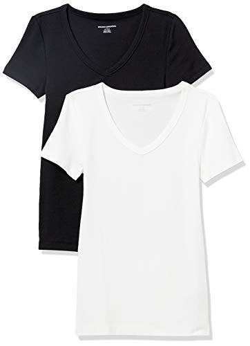 Amazon Essentials Women's Slim-Fit Short-Sleeve V-Neck T-Shirt, Pack of 2, Black/White, Large