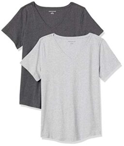 amazon essentials women's classic-fit 100% cotton short-sleeve v-neck t-shirt (available in plus size), pack of 2, charcoal heather/light grey heather, medium