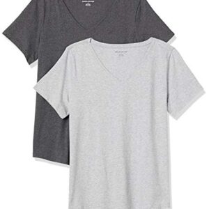 Amazon Essentials Women's Classic-Fit 100% Cotton Short-Sleeve V-Neck T-Shirt (Available in Plus Size), Pack of 2, Charcoal Heather/Light Grey Heather, Medium