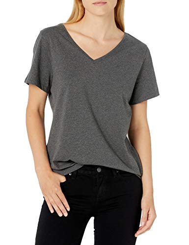 Amazon Essentials Women's Classic-Fit 100% Cotton Short-Sleeve V-Neck T-Shirt (Available in Plus Size), Pack of 2, Charcoal Heather/Light Grey Heather, Medium