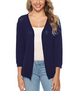 iclosam summer cardigans for women lightweight work v neck knitted cardigan 3/4 sleeve shrug sweater navy blue