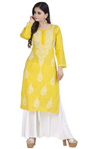 chandrakala hand embroidered lucknow chikankari kurti for women 100% cotton indian ethnic tunic,2x-large (k150yel5) yellow