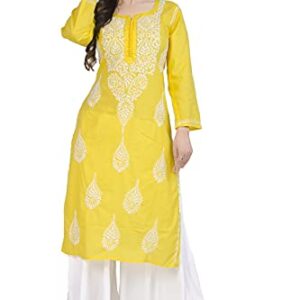 Chandrakala Hand Embroidered Lucknow Chikankari Kurti for Women 100% Cotton Indian Ethnic Tunic,2X-Large (K150YEL5) Yellow