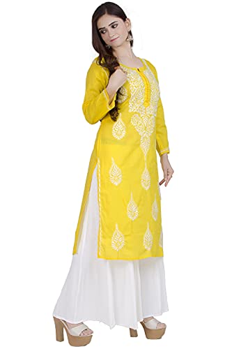 Chandrakala Hand Embroidered Lucknow Chikankari Kurti for Women 100% Cotton Indian Ethnic Tunic,2X-Large (K150YEL5) Yellow