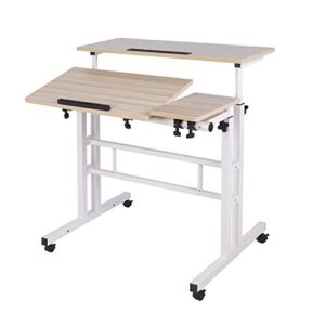 DlandHome Adjustable Rolling Desk Standing Desk, Sit-Stand Desk Cart Mobile Computer Desk Stand Up Desk Office Desk Riser Standing Table Workstation Mobile Desk, Maple