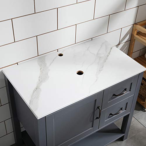 30" Grey Bathroom Vanity Sink Combo Marble Pattern Top w/Mirror Faucet&Drain Set