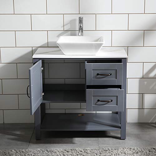 30" Grey Bathroom Vanity Sink Combo Marble Pattern Top w/Mirror Faucet&Drain Set