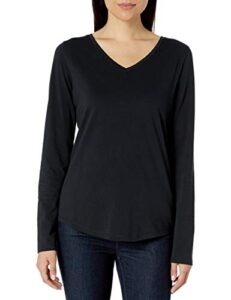 amazon essentials women's classic-fit 100% cotton long-sleeve v-neck t-shirt, black, small