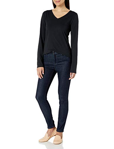 Amazon Essentials Women's Classic-Fit 100% Cotton Long-Sleeve V-Neck T-Shirt, Black, Small