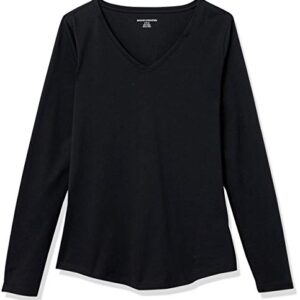 Amazon Essentials Women's Classic-Fit 100% Cotton Long-Sleeve V-Neck T-Shirt, Black, Small