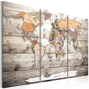 artgeist pinboard world map 35x24 in - cork board & canvas print wall art 3 pcs memoboard with 50 pins noticeboard message board image picture home decor travel map map of the world k-c-0035-p-g
