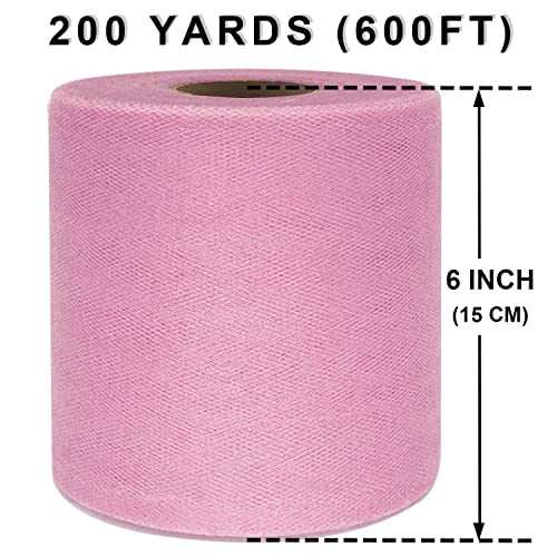 Tulle Fabric Rolls 6 Inch by 200 Yards (600 FT) Ribbon Netting Spool for Tutu Skirt Wedding Baby Shower Birthday Party Decoration Gift Wrapping DIY Crafts (Pink)