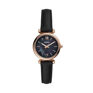fossil women's carlie mini quartz stainless steel and leather three-hand watch, color: rose gold, black (model: es4700)