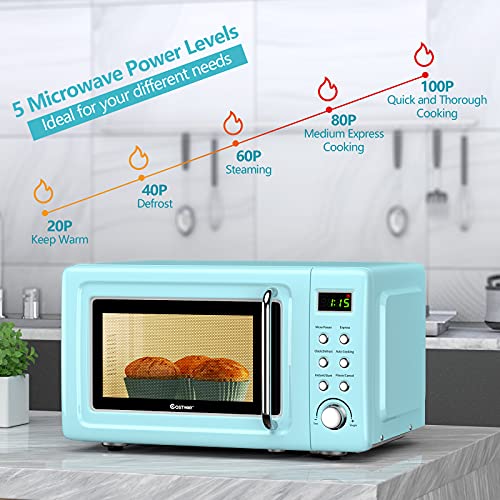 COSTWAY Retro Countertop Microwave Oven, 0.7Cu.ft, 700-Watt, High Energy Efficiency, 5 Micro Power, Delayed Start Function, with Glass Turntable & Viewing Window, LED Display, Child Lock (Green)