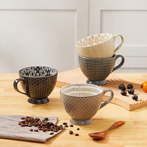 Signature Housewares Pad Print Set of 4 Ceramic Assorted Footed 14oz Mugs, PP Gray