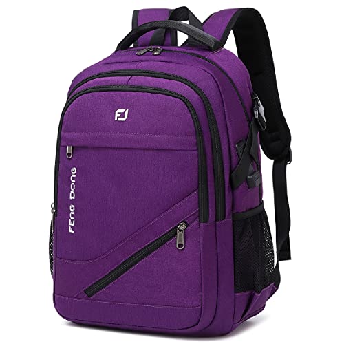 FENGDONG Durable Waterproof Travel Large Laptop Backpack 17.3 inch,College Backpack Bookbag for Men & Women Business Backpack with USB Charging Port and Headset Port Purple