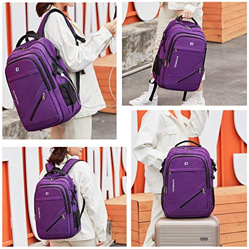 FENGDONG Durable Waterproof Travel Large Laptop Backpack 17.3 inch,College Backpack Bookbag for Men & Women Business Backpack with USB Charging Port and Headset Port Purple