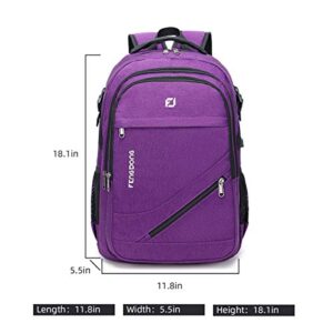 FENGDONG Durable Waterproof Travel Large Laptop Backpack 17.3 inch,College Backpack Bookbag for Men & Women Business Backpack with USB Charging Port and Headset Port Purple